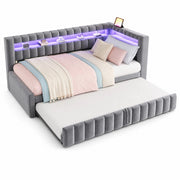 Letto a Divanetto Estraibile 90x200 cm; USB; Type-C; LED e Mensole - in Velluto Grigio