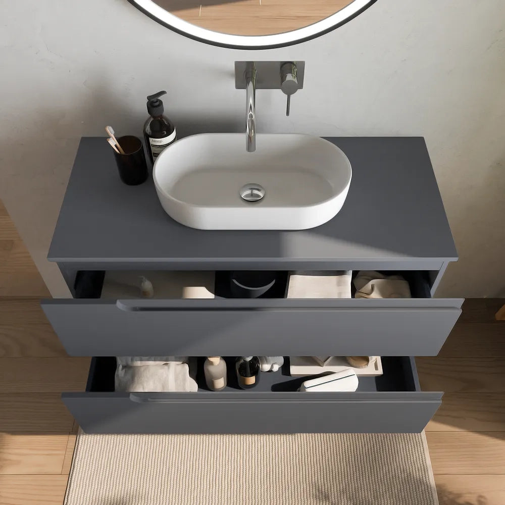 Mobile bagno sospeso 70 cm due cassetti grigio opaco con top | Ardenne