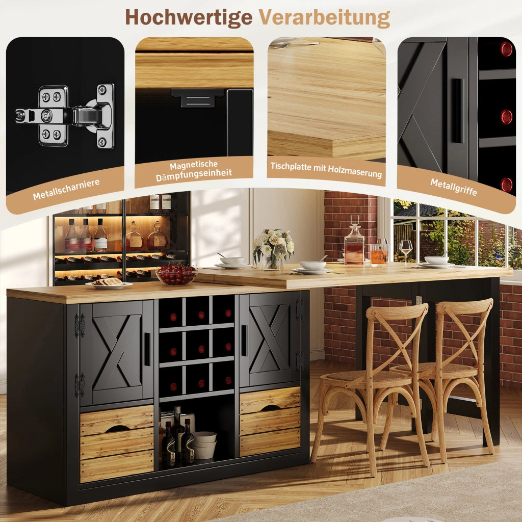 Tavolo allungabile con credenza, piano girevole 360°, 1 cassetto, per cucina e soggiorno, nero, 120 × 40 × 72 cm
