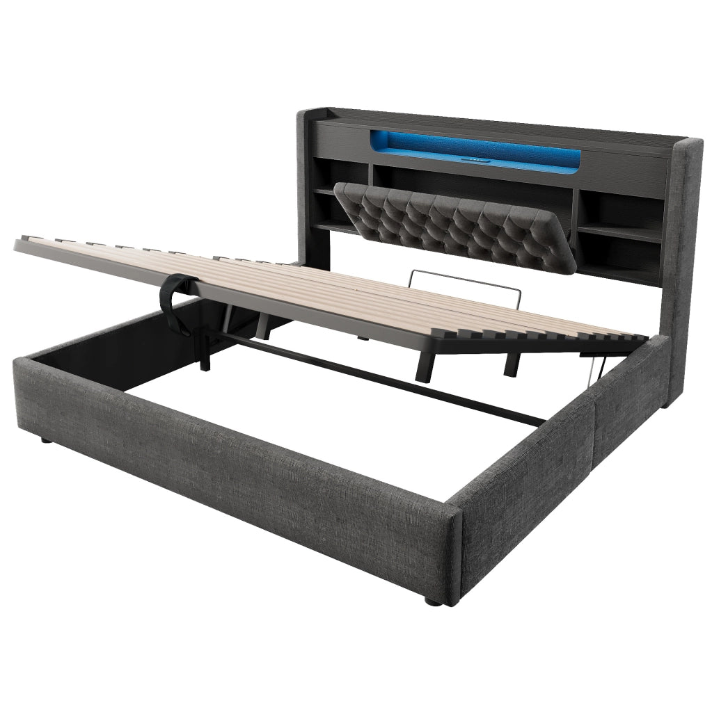 Letto matrimoniale 180x200 cm con contenitore idraulico; LED; USB e USB-C; in lino grigio
