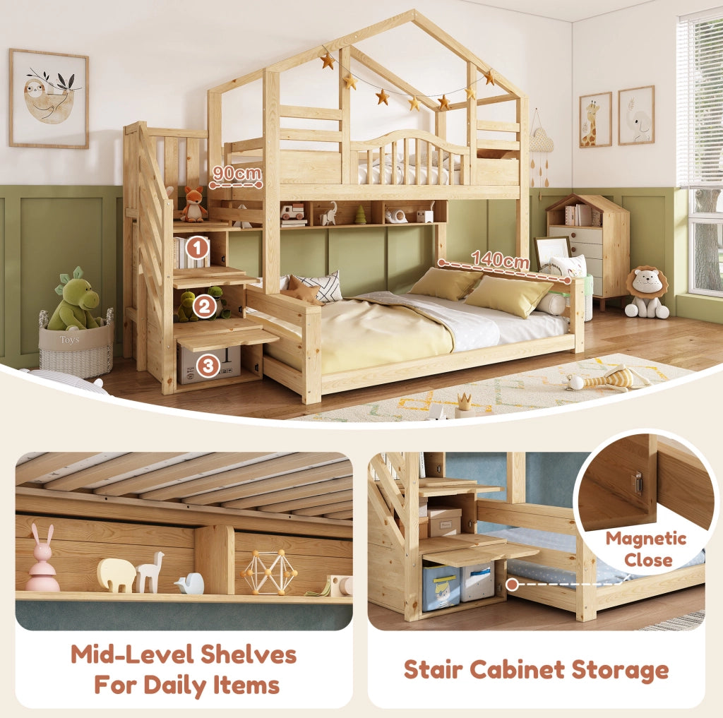 Letto a castello in legno 90x200 e 140x200 con scala contenitore