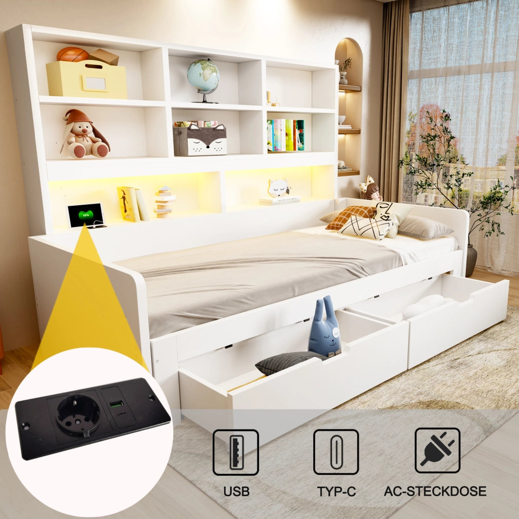 Letto divano estensibile 90x200/180x200 cm con LED; USB; cassetti e ripiani aperti; legno bianco