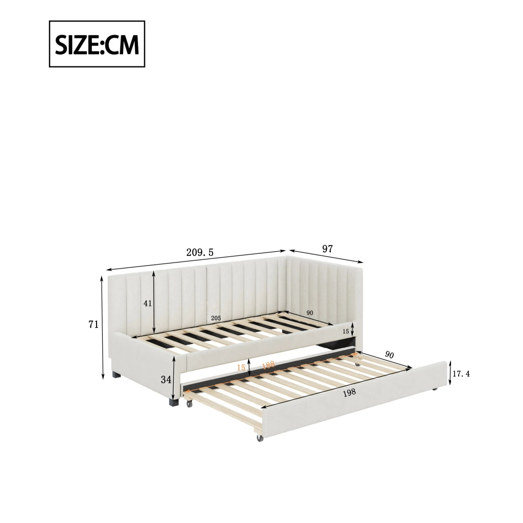 OKWISH Letto a Divano 90×200 cm, Letto Singolo con Letto Estraibile, Testiera Imbottita e Rete a Doghe, senza Materasso, Beige