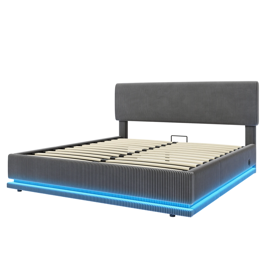 Letto imbottito matrimoniale 160x200 cm in velluto corduroy grigio scuro con LED; USB-C e testiera regolabile