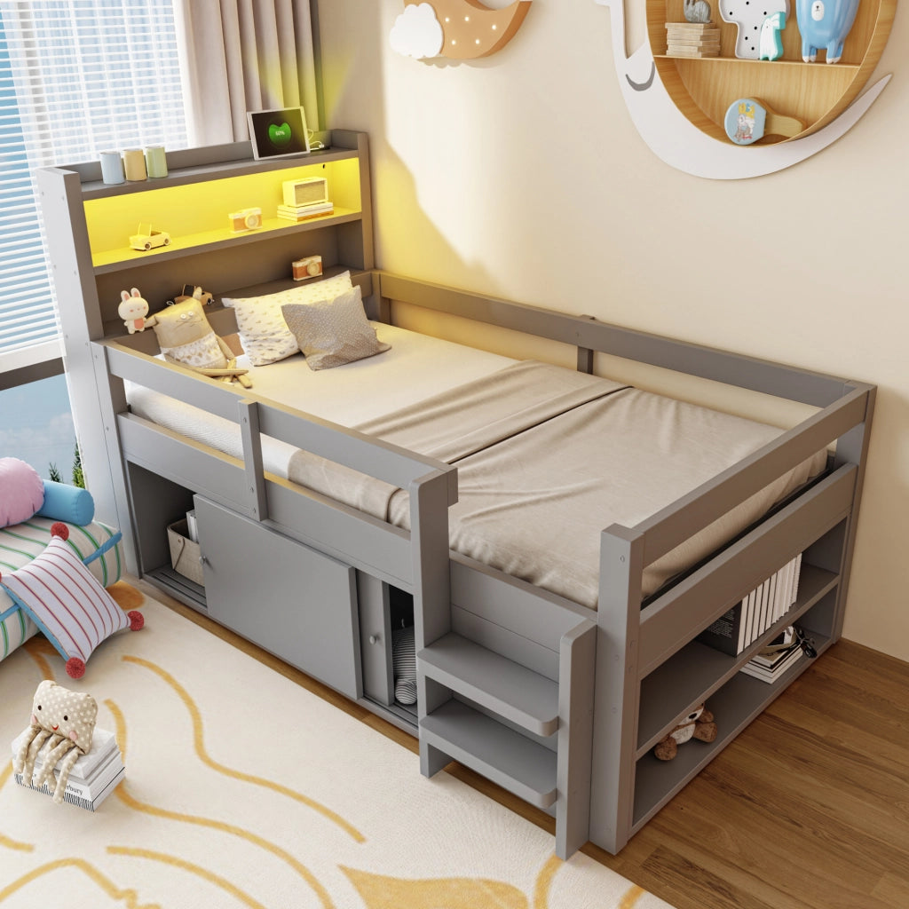 Letto multifunzione per bambini 90x200 cm in legno grigio con ripiani; LED e USB