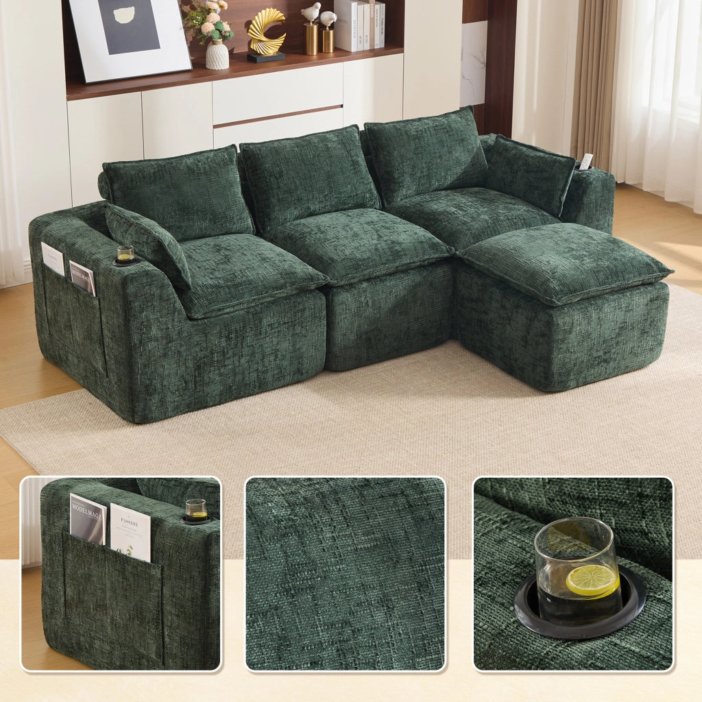 Divano componibile con pouf 256x161x75 cm in ciniglia verde; tasche laterali e cuscini