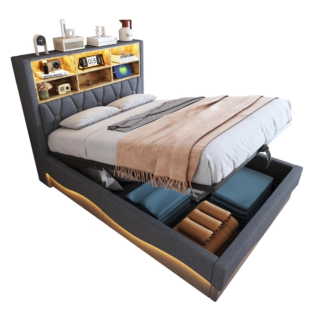 Letto matrimoniale 140x200 cm con contenitore; LED controllabile via app e USB; grigio