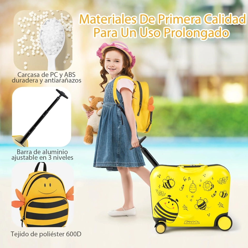 Set di Valigia Cavalcabile 18’’ + Zaino 12’’ per Bambini 2 Pezzi, Bagagli 2-in-1 di con Maniglia Telescopica e 4 Ruote, Trolley Bagaglio a Mano e Zaino per Bambini (Giallo Ape)