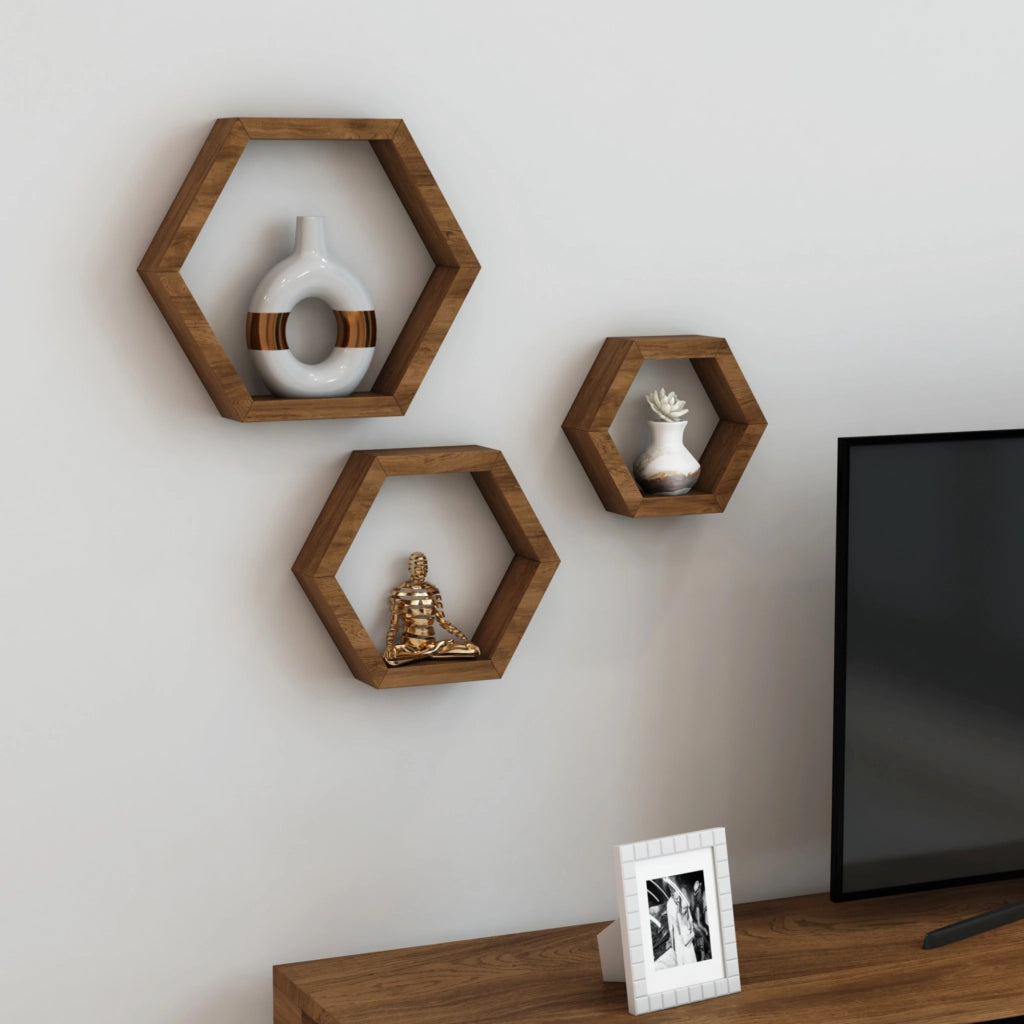 Set 'Stubbekøbing' di 3 Mensole da Muro in Misure Diverse Mensole in Legno di Pino Forma Esagonale - Legno Scuro