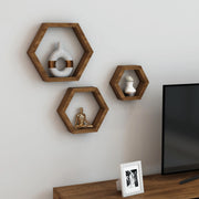 Set 'Stubbekøbing' di 3 Mensole da Muro in Misure Diverse Mensole in Legno di Pino Forma Esagonale - Legno Scuro