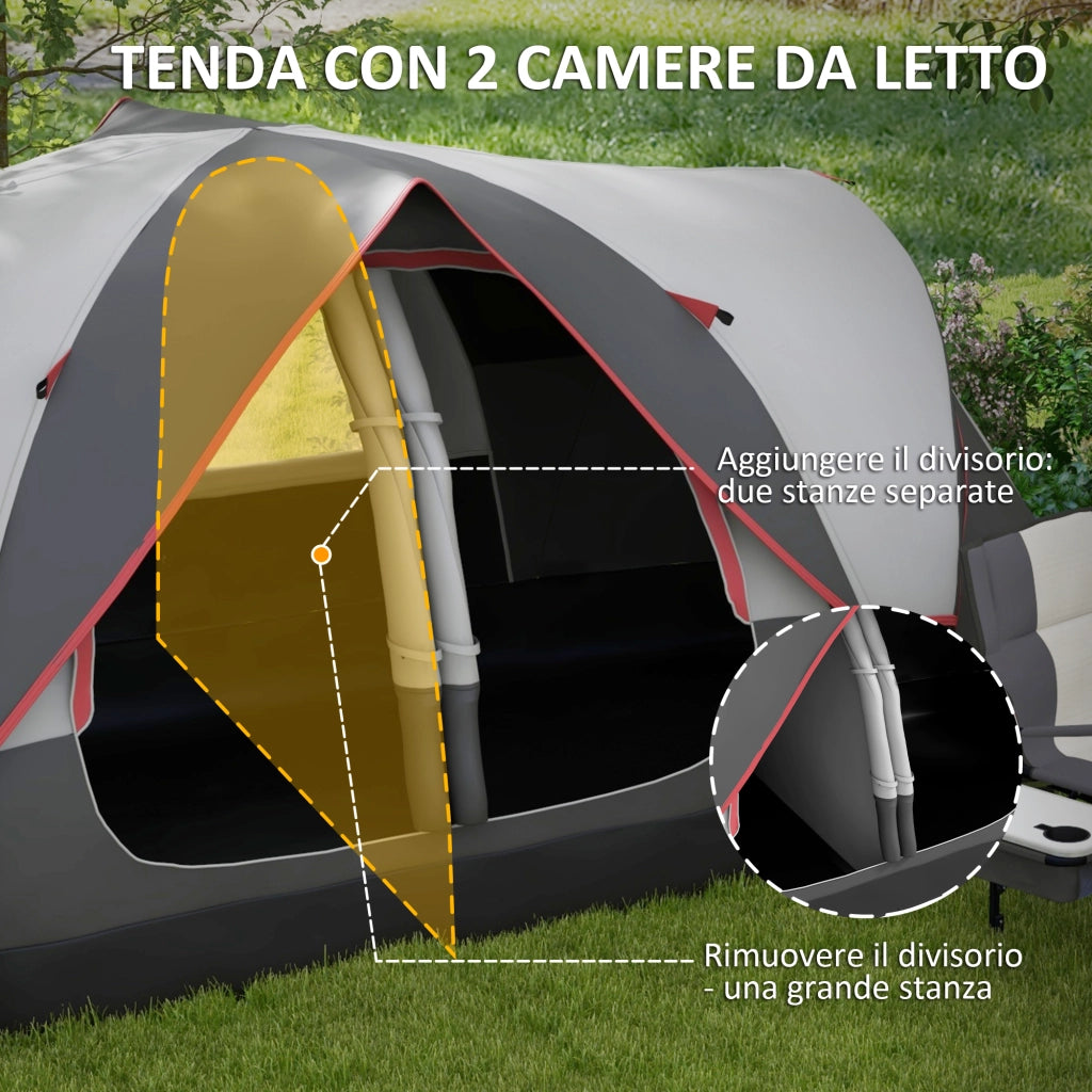 Tenda da Campeggio 450x215x180 cm 6 Posti con 2 Stanze Separate Grigio