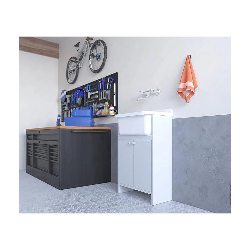 Negrari Lavatoio Salvaspazio in Resina, Vasca resistente agli acidi, Resistente all'umidità, Kit di scarico incluso, Interno e Esterno, L55 x P35 x H80 cm, Bianco