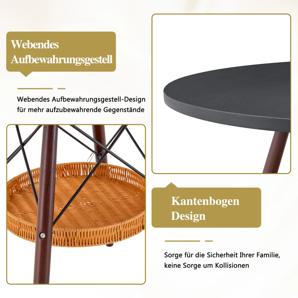 Tavolo rotondo 80 cm in MDF nero con gambe in legno massello noce e cestello sospeso
