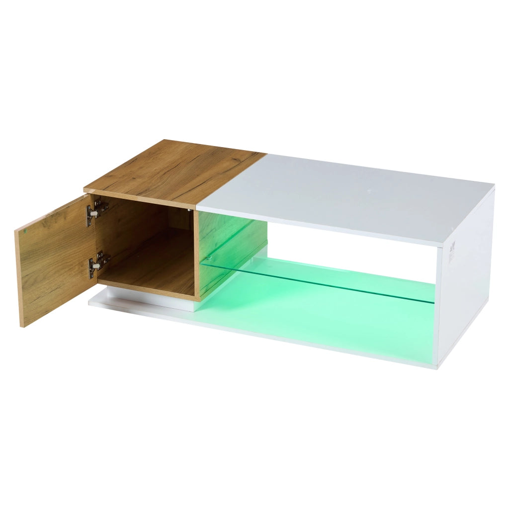 Tavolino basso con LED e vano contenitore, moderno, in truciolare, per soggiorno, bianco rovere, 105 × 50 × 36 cm