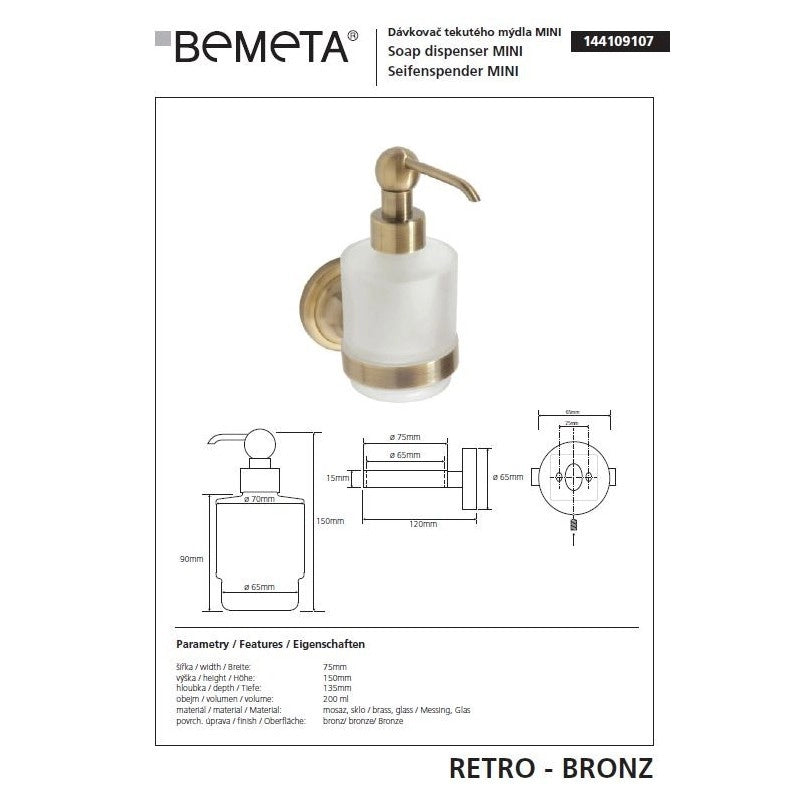 Dispenser di sapone in ottone e vetro RETRO 7,35x15x13,5 cm / 200 ml