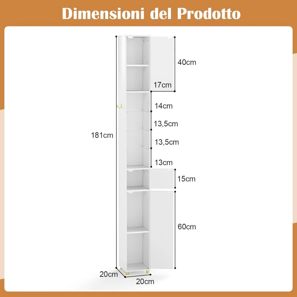 Mobile Bagno Salvaspazio con Luce, Colonna Bagno con Scomparti Aperti in Vetro, Ripiani Regolabili, 1 Cassetto e Gancio Laterale per Spazi Ridotti 20 x 20 x 181 cm (4 Ripiani con Luce, BIanco)
