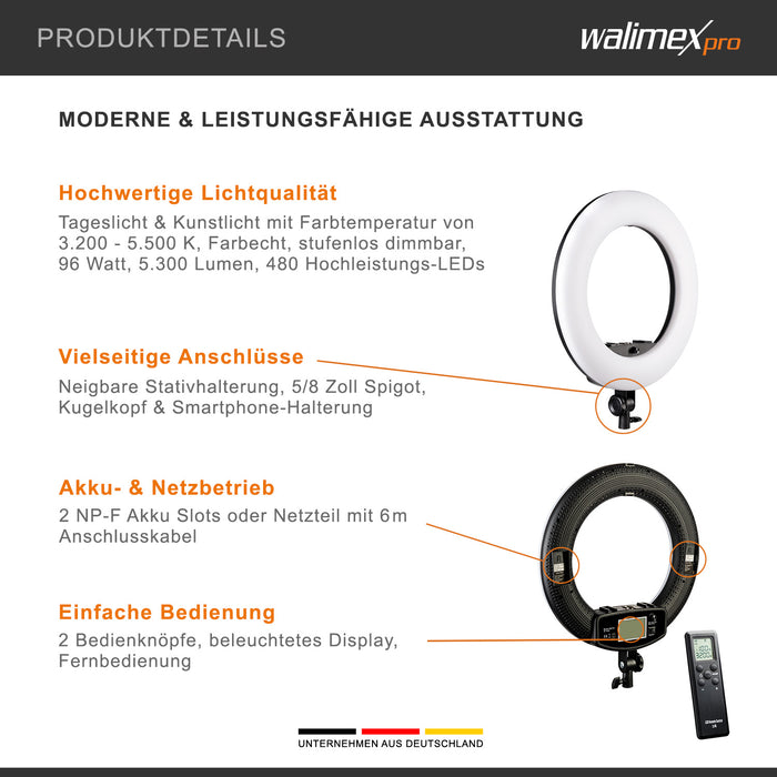 Ring light a LED Medow 960 Bi-Color, 3200-5500 K, Luce ad anello da 96 W per foto e video con telecomando, compatibile con treppiedi fotografici