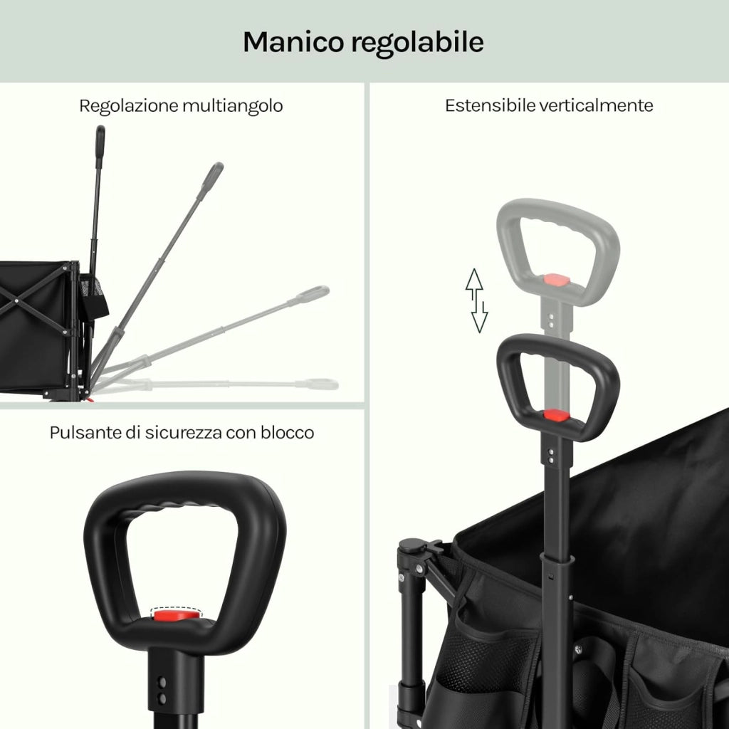 Carrello da Giardino con Ripiano Posteriore Ribaltabile, 205 L, Portata 180 kg, Carrello Pieghevole con 4 Ruote Grandi, Borsa Laterale, 2 Tasche Interne e 2 Portabicchieri, per Campeggio, Nero