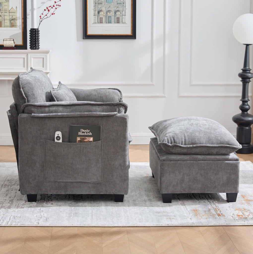 Poltrona in Chenille 103x85x91 cm con Pouf Contenitore e Tasche Laterali Grigia per Soggiorno; Camera e Studio