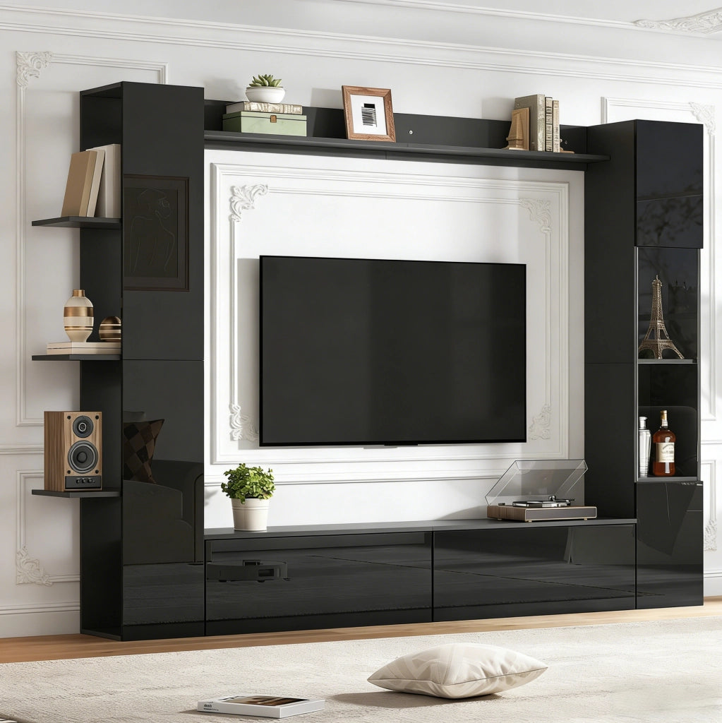 Parete TV con pensile integrato; 245x30x170 cm; MDF; nero