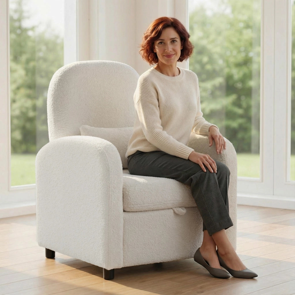 Poltrona Moderna 76x77x95 cm con Spazio Contenitore a Scomparsa e Cuscino Rivestimento in Pile Teddy Crema