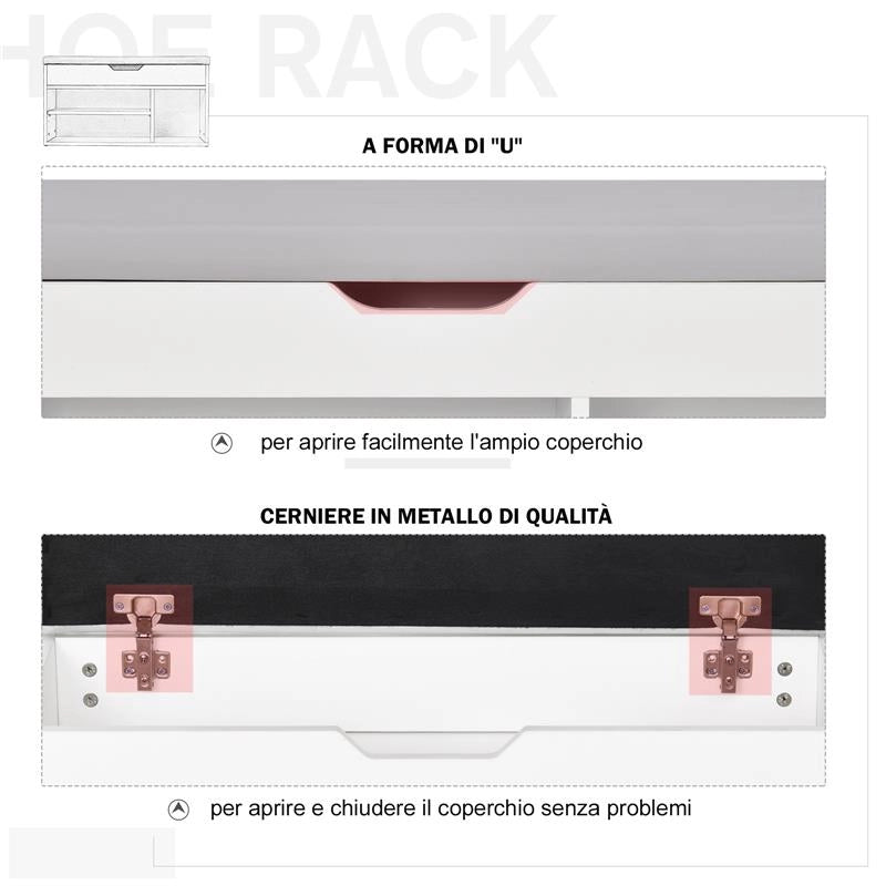 SCARPIERA SALVASPAZIO CON PANCA CONTENITORE IMBOTTITA E VANI APERTI BIANCO