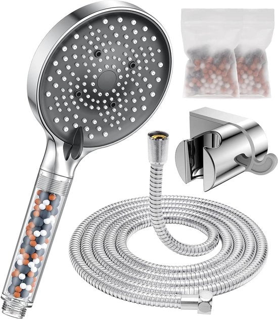 Douchekop slang e houder 16m acqua economizzante - 6 tipi di getto - filtro - diametro 130mm - anti-calcare - 8l/min - acciaio inox
