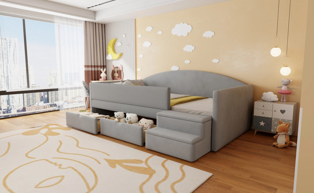 Letto imbottito con cassetti e gradini 90 x 190 cm grigio acqua
