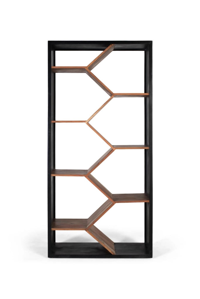 Libreria in legno di mango dal design geometrico contemporaneo