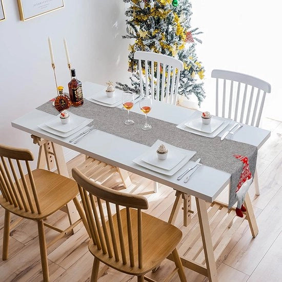 Tavolo da pranzo 180cm con tema 3D tomte Kerstman, tovagliato da tavola e copertura per tavolo per festa di Natale e vacanze, decorazione da tavola in cotone e lino, modello (grigio)