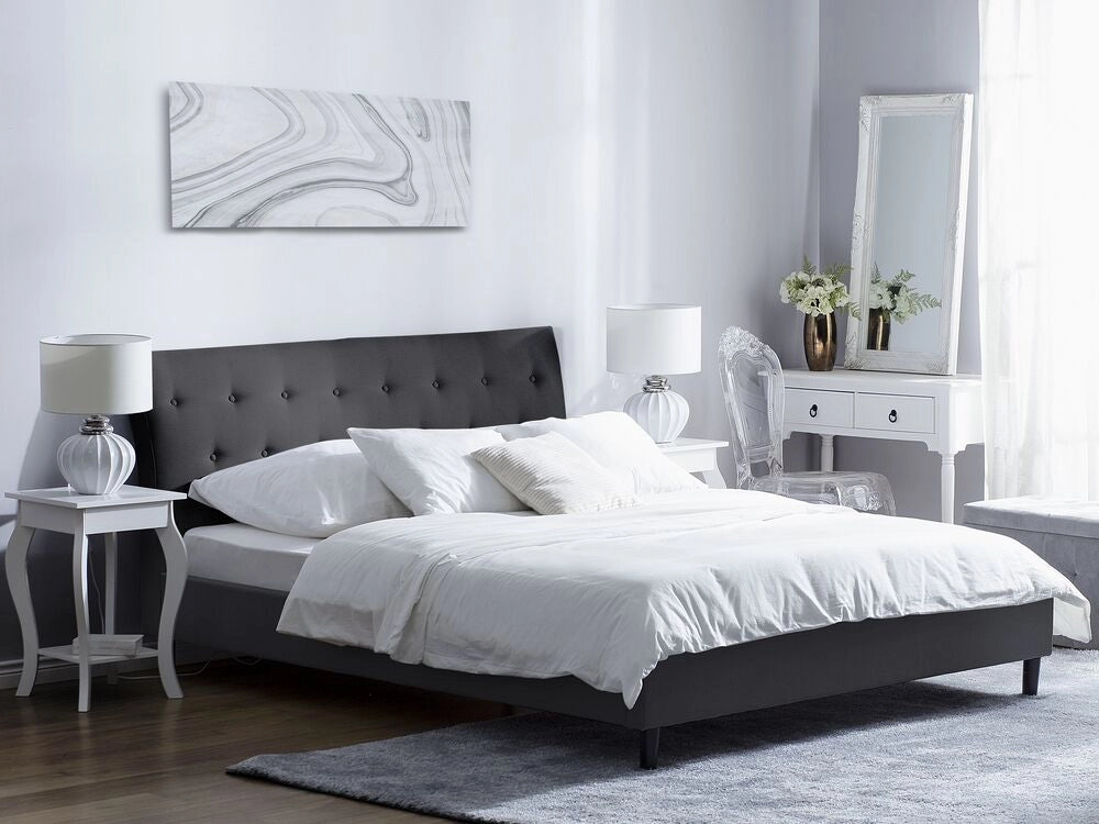 Letto a doghe Tessuto in poliestere grigio scuro Gambe in legno imbottite Testiera capitonné 180 x 200 cm