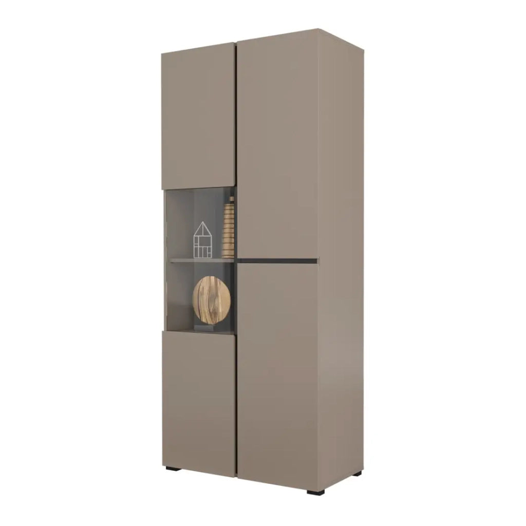 Vetrina alta 2 porte collezione HAVANA con LED integrato. Colori beige e nero.