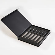 Set di coltelli da bistecca 6 pezzi Elegante confezione in acciaio inossidabile Manico in legno Lama seghettata Nero