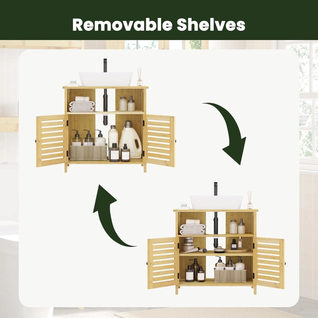 Mobile da Bagno Sotto lavabo, Mobile da Bagno in Bambù con 2 Porte Griglia Magnetiche e 1 Scomparto Aperto, con Ripiano Regolabile, 60x30x60cm