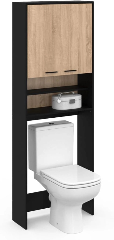 Scaffalatura WALLIS nera e in faggio per lavatrice e piano WC