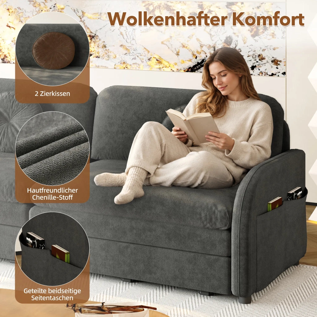 Divano letto 3 posti estraibile King-Size 206 cm, chenille grigio, funzione sonno 3-in-1, cuscini sfoderabili e tasche portaoggetti laterali