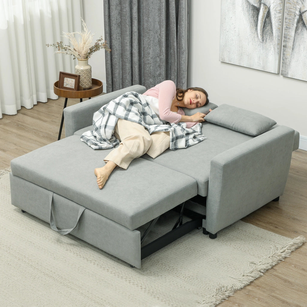 Divano letto 2 posti con schienale regolabile e cuscini vano contenitore in tessuto grigio chiaro 155 × 90 × 88,5 cm