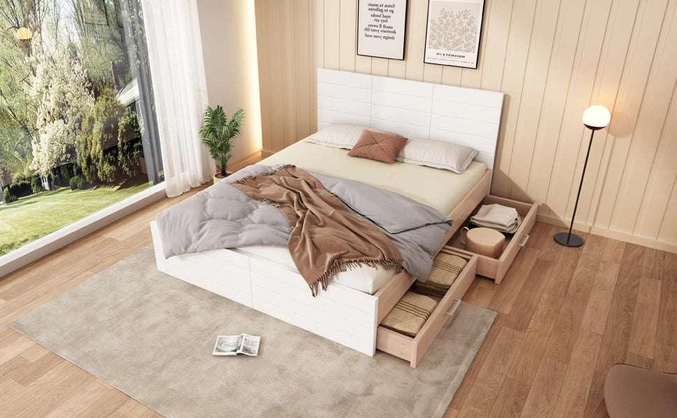 Letto matrimoniale 140x200 cm in legno massello e MDF con 2 cassetti, rete a doghe, bianco e rovere