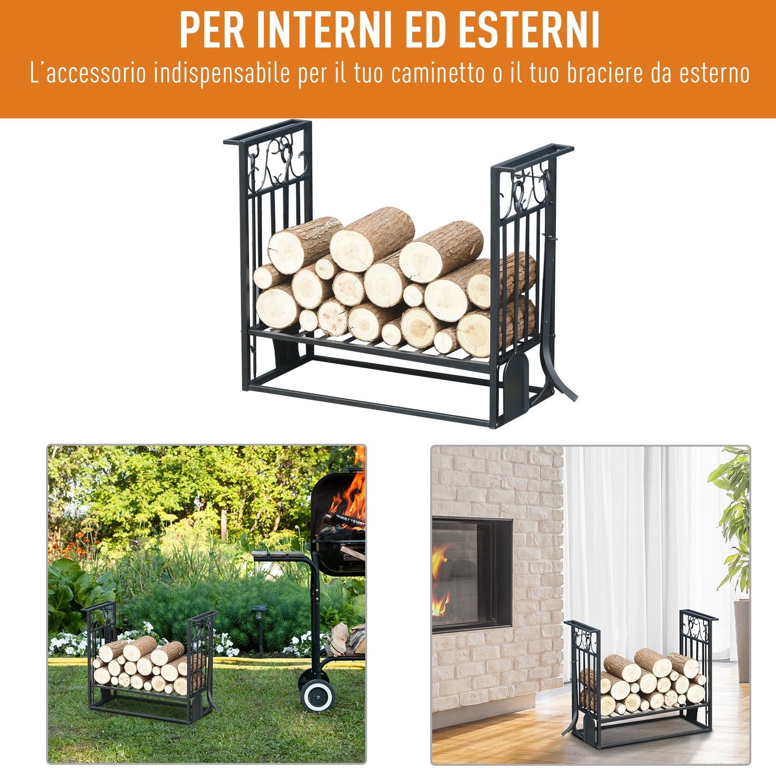 Portalegna Legnaia 75x30x60 cm in Acciaio con Attrezzi  Nero