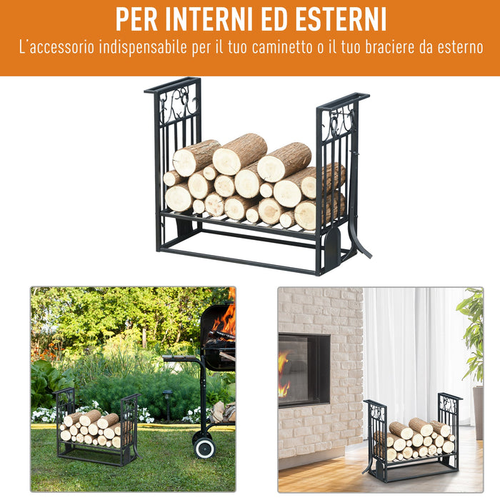 Portalegna Legnaia 75x30x60 cm in Acciaio con Attrezzi  Nero