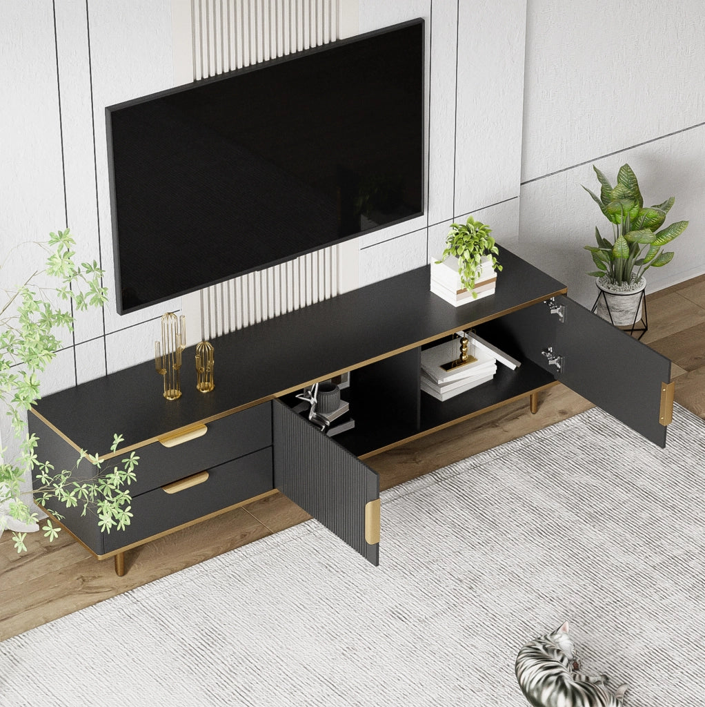 Mobile porta TV con 2 cassetti e ante; MDF e truciolare; 170 cm; nero e oro