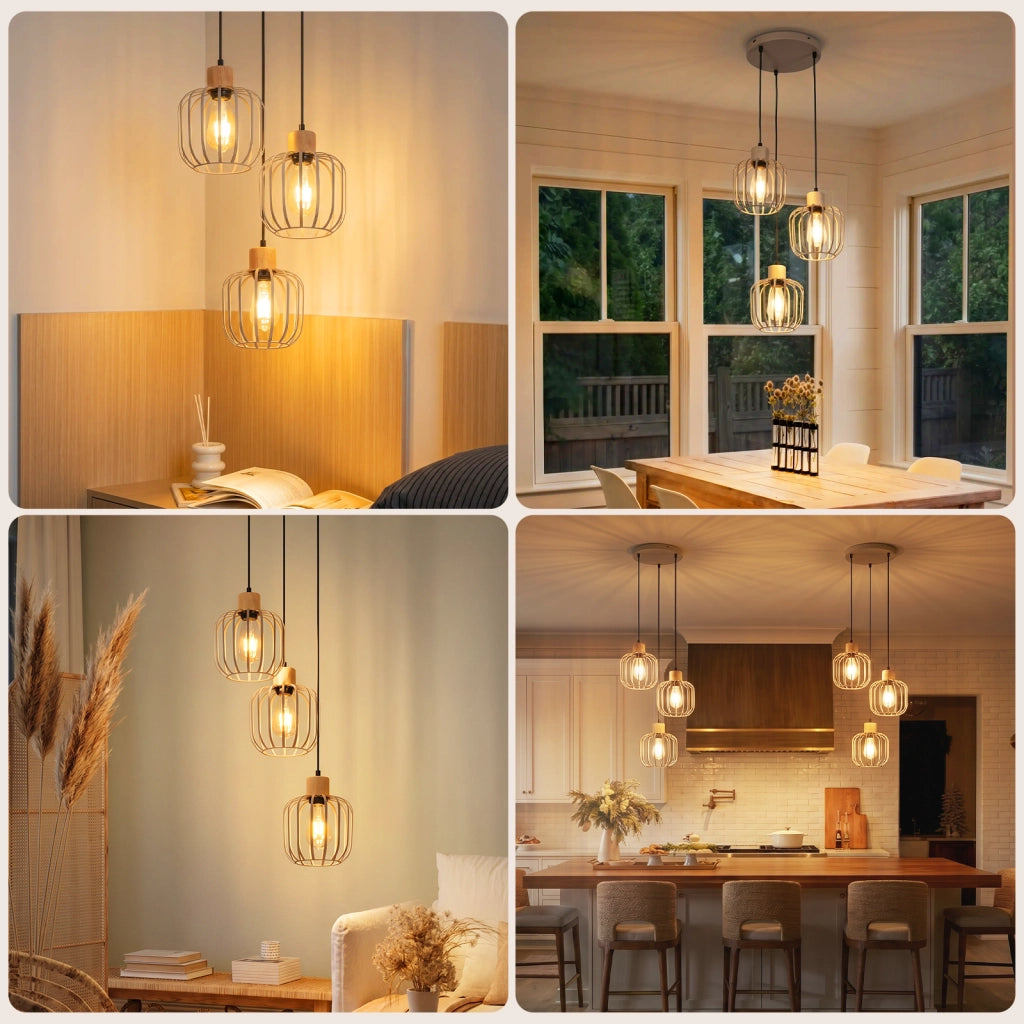 ZMH Lampada a Sospensione 3 Luci Grigio Legno Rotonda E27 Moderna per Soggiorno Cucina Isola Corridoio Senza Lampadina