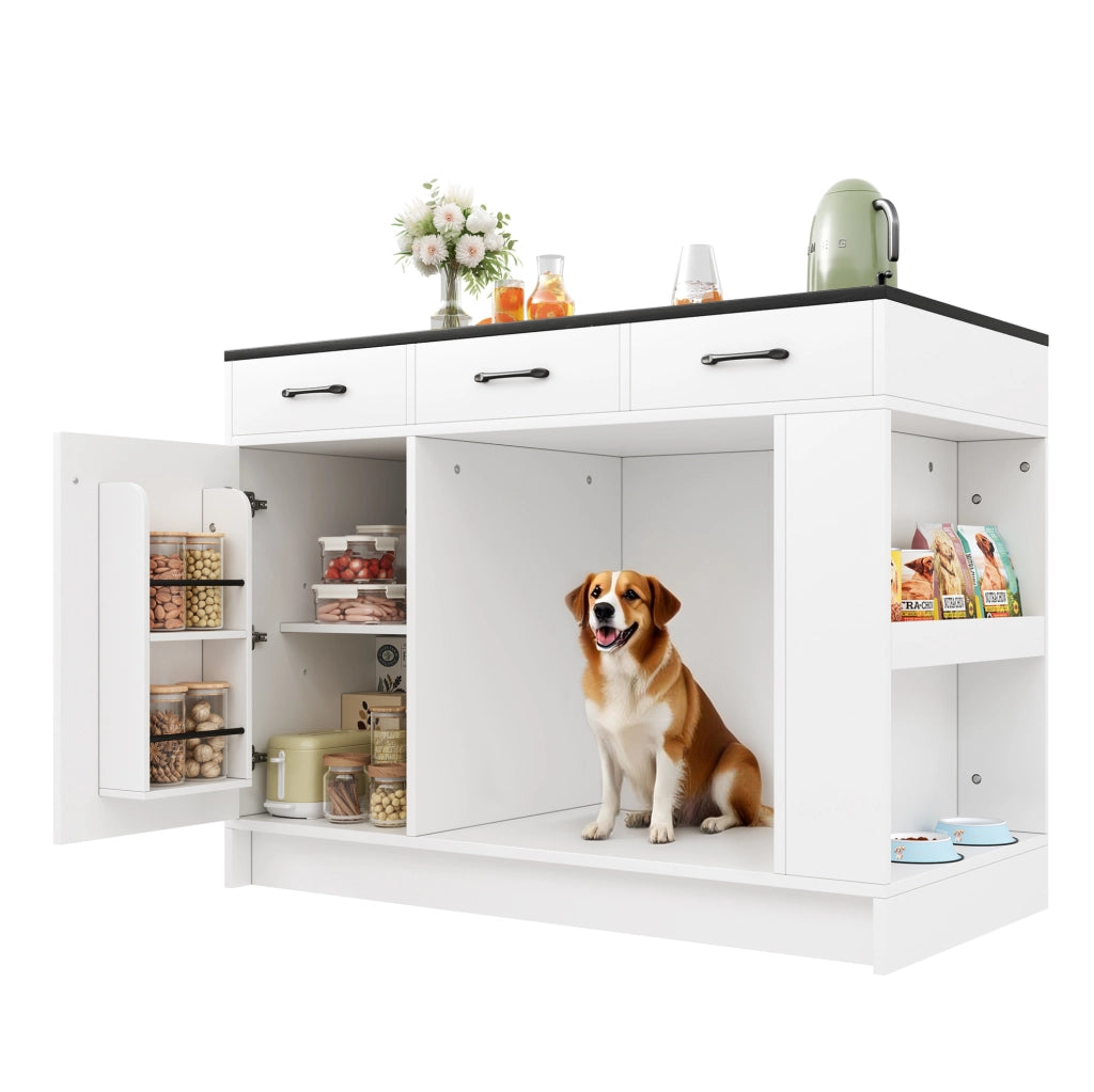 Isola da cucina bianca con 3 cassetti e vano per animali