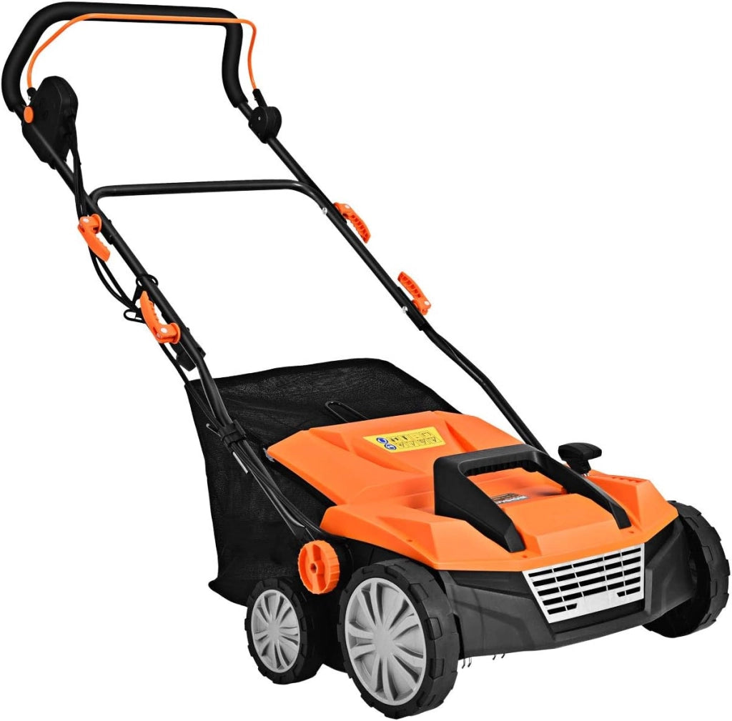 Scarificatore 2 In-1 per Prato, Arieggiatore Elettrico con Sacco Raccoglitore da 45L, Larghezza 38cm, con 3 Posizioni Regolabili, Scarificatore 1800W per Giardino Cortile (38 cm, Arancione)