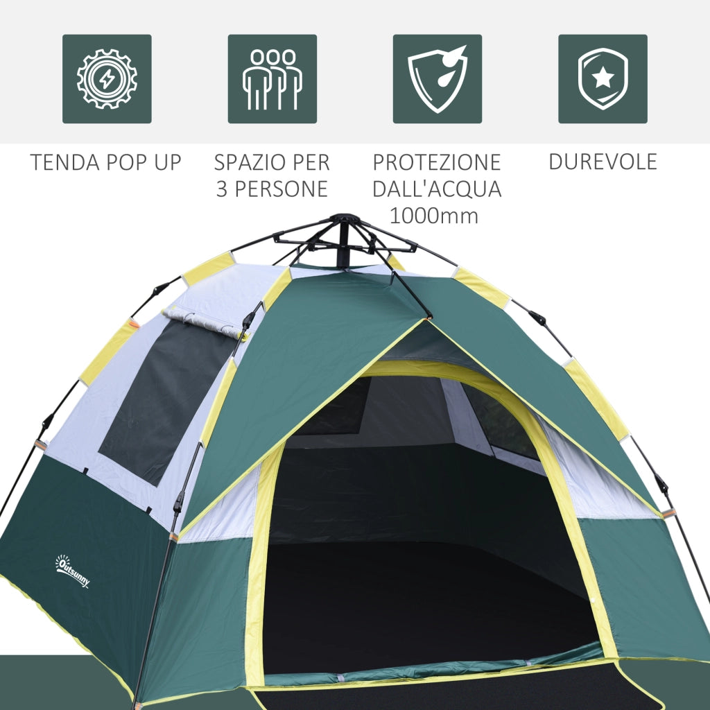 Tenda da Campeggio 2 Posti con Apertura Automatica. Tasche Interne e Tappetino. 205x195x135 cm. Verde Oliva