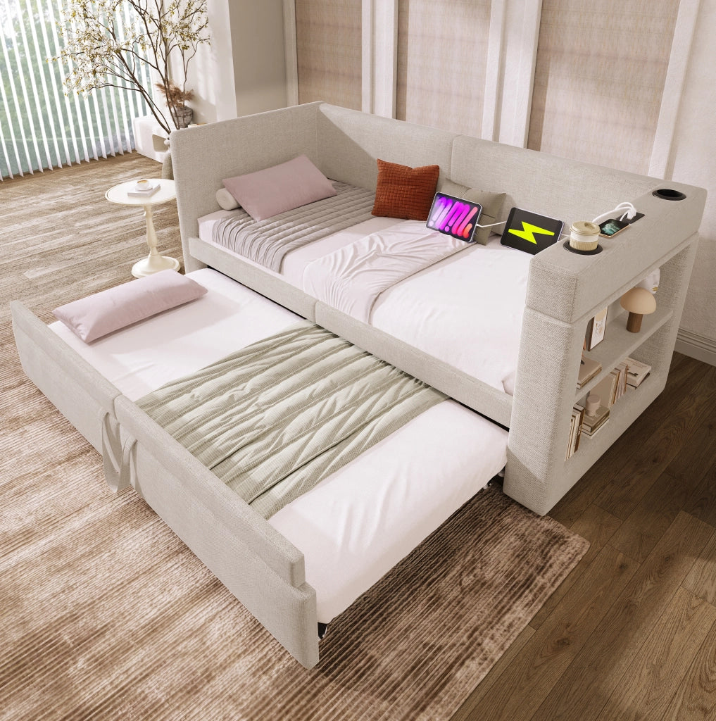 Divano letto con letto estraibile 90x200 cm; cotone e lino beige; USB e Type-C