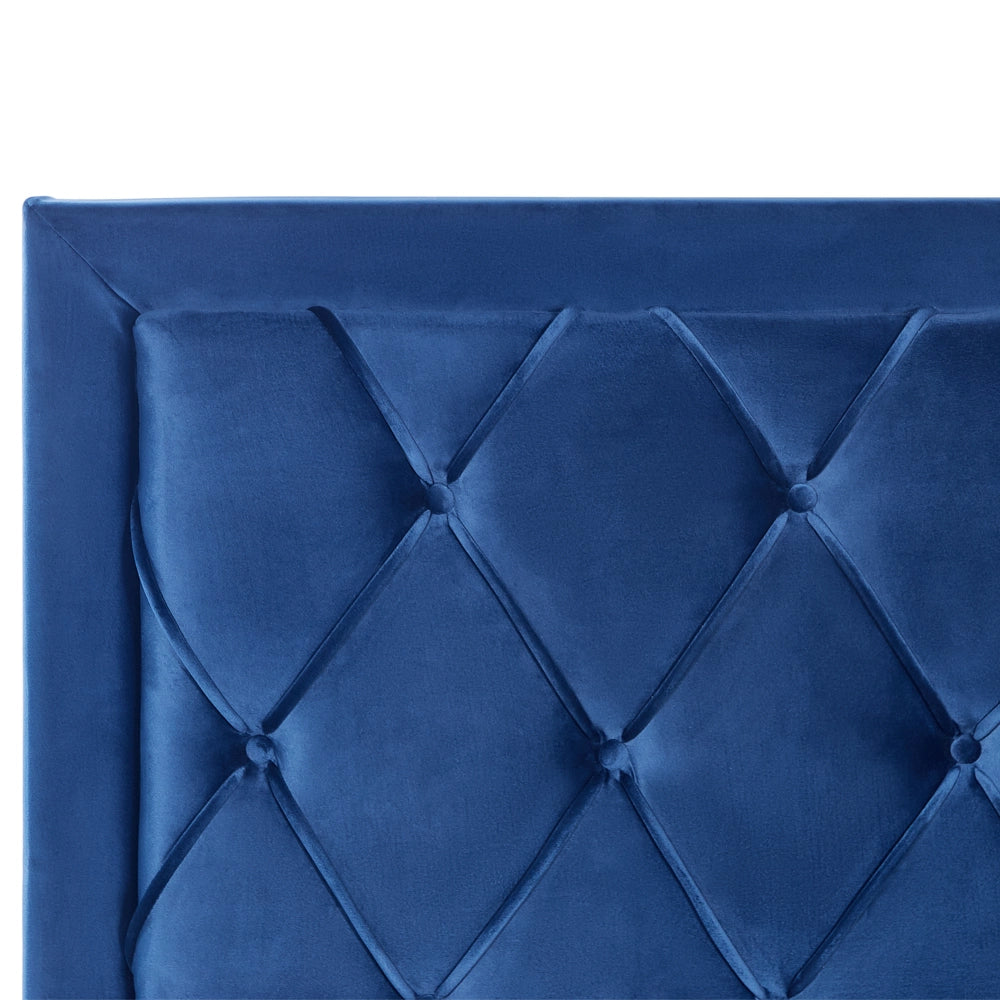 Letto contenitore tappezzeria in velluto blu 180 x 200 cm trapuntato testiera alta cassetti Glam Design