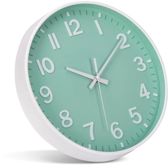 Orologio digitale stile, 30 cm, moderno, quarzo, grande, funzionante a batterie, stereo digitale, facile da leggere per camera, casa, cucina, camera da letto, ufficio, scuola (verde + bianco)