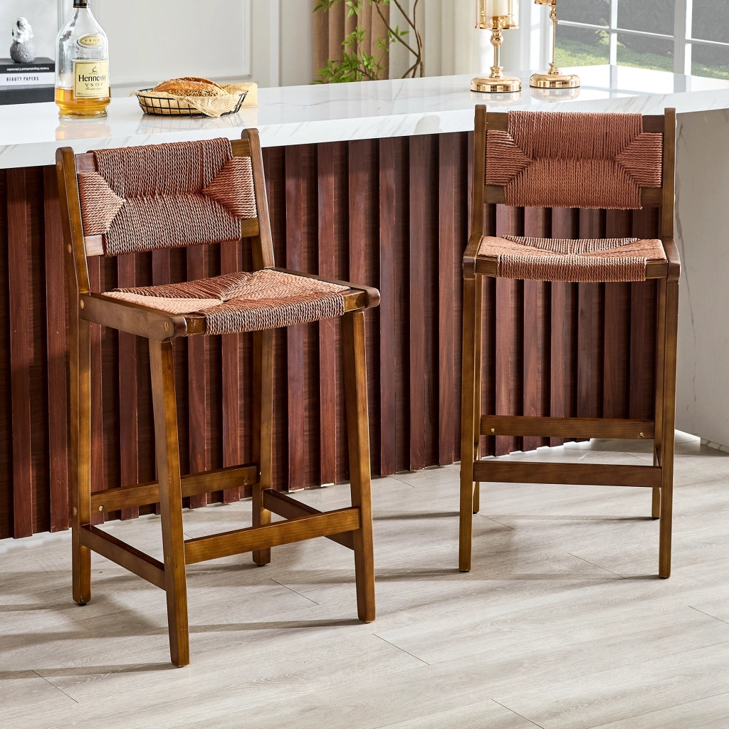 Sgabello da bar set di 2 in legno massiccio con schienale curvo e seduta in corda intrecciata per cucina noce