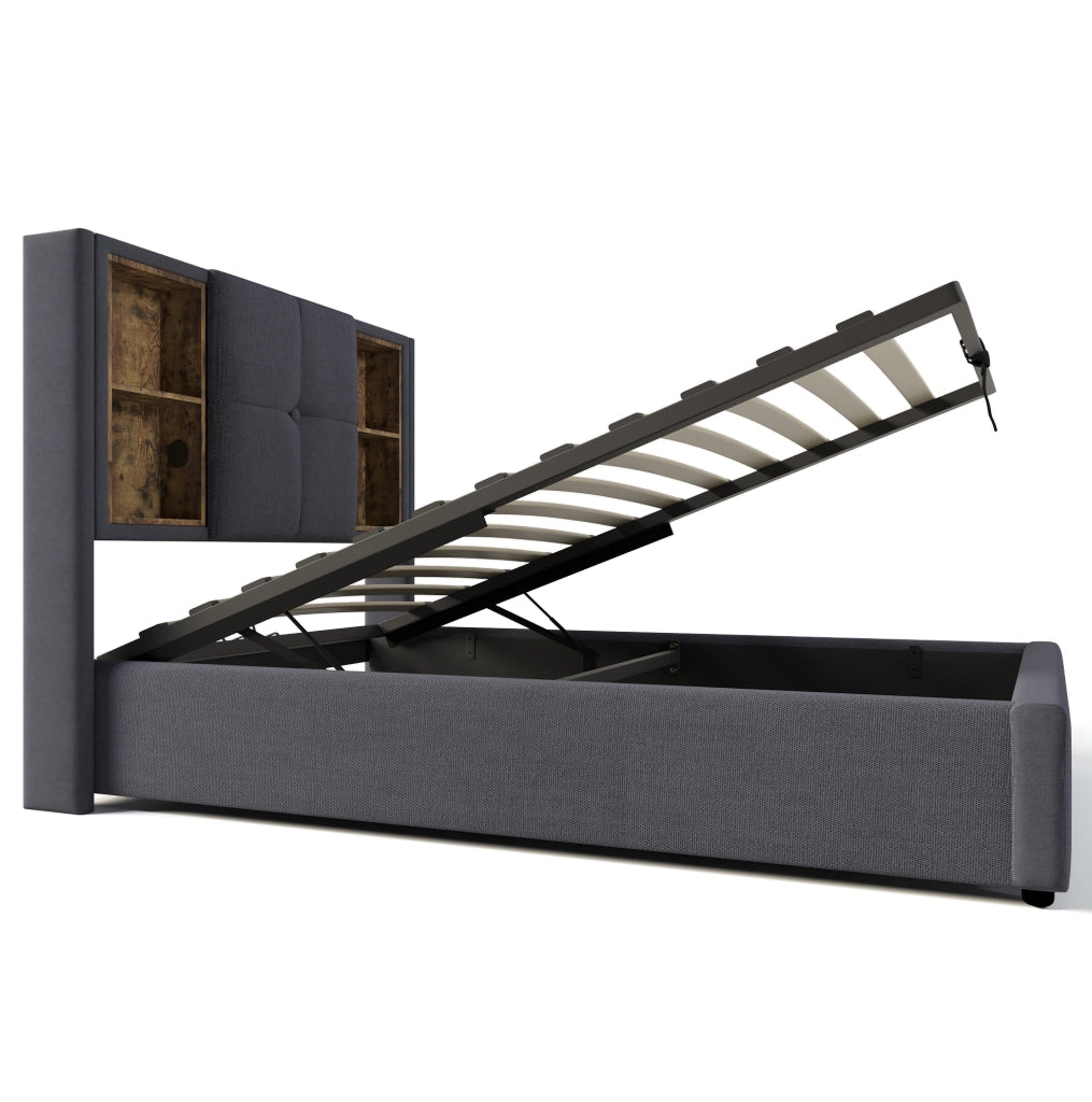 Letto singolo imbottito grigio 90x200 cm con ricarica wireless, porte USB e vano contenitore